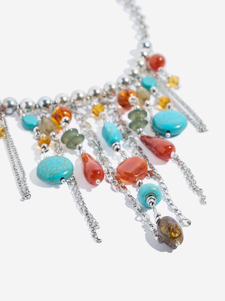 Westside Accessories Silver Multi Stones and Chains Lines Necklace