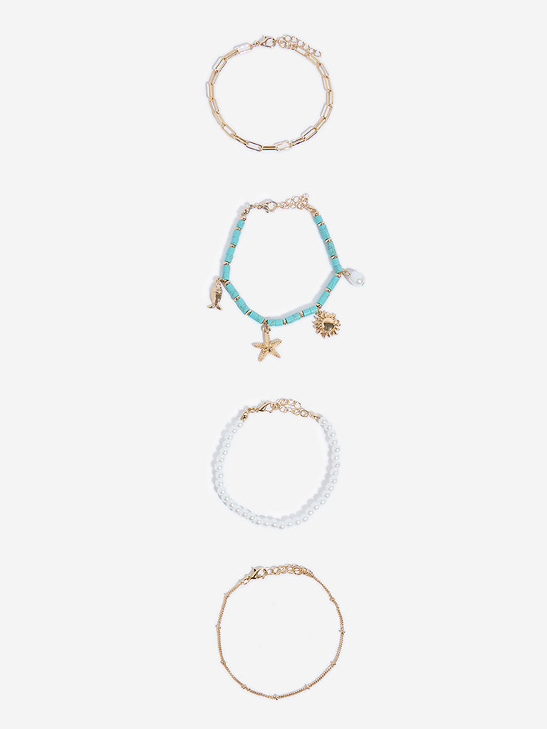 Westside Accessories Gold Pearls and Agate Bracelet Set - Pack of 4