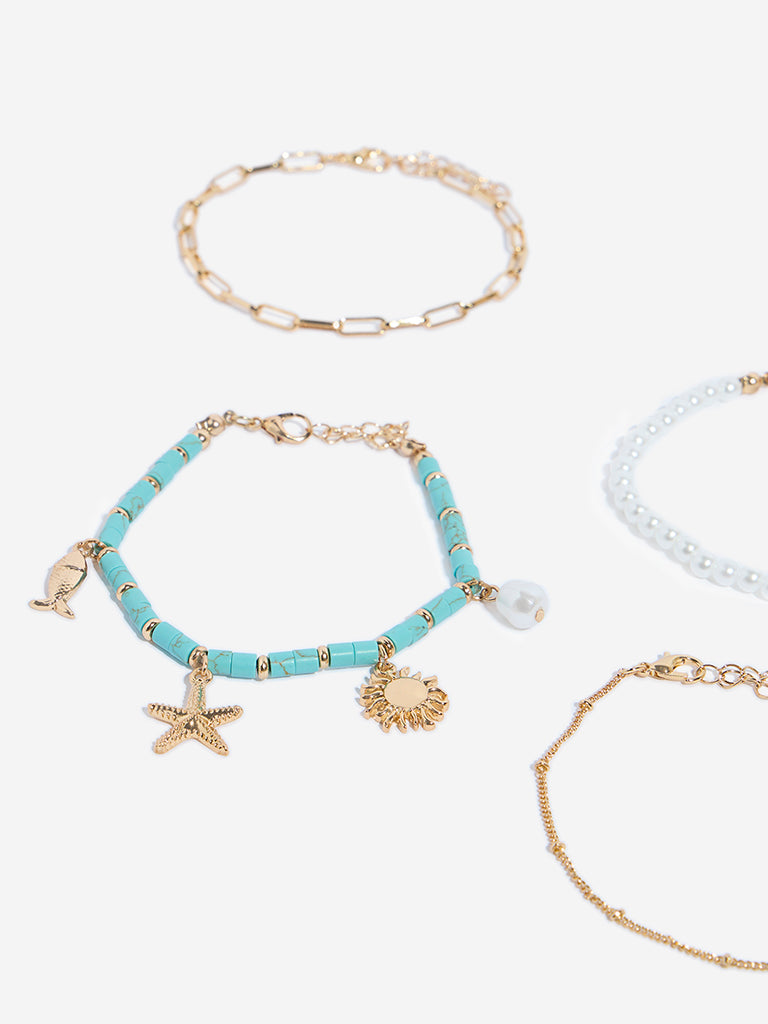 Westside Accessories Gold Pearls and Agate Bracelet Set - Pack of 4