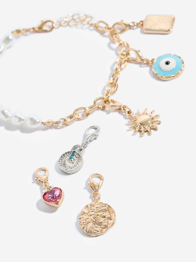 Westside Accessories Gold and Pearl Multi Charm Bracelet Set - Pack of 2