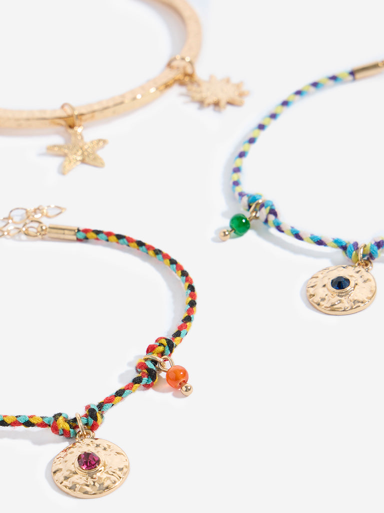 Westside Accessories Gold Multi Charm Cord and Bracelet Set - Pack of 3