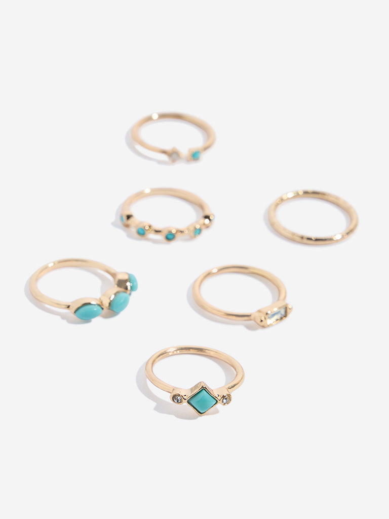 Westside Accessories Blue Gemstones-Plain-Textured Rings Set - Pack of 6