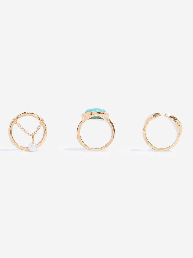 Westside Accessories Gold Shells and Agate Rings Set - Pack of 3