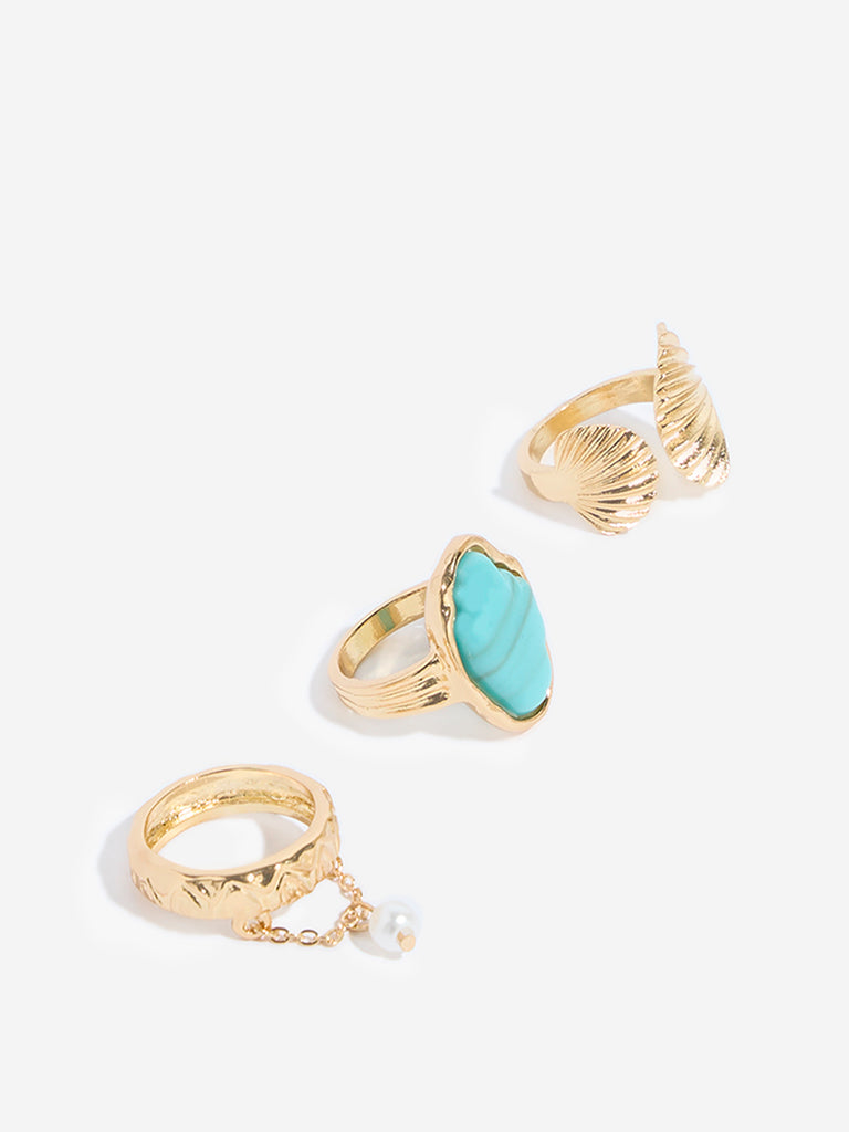 Westside Accessories Gold Shells and Agate Rings Set - Pack of 3