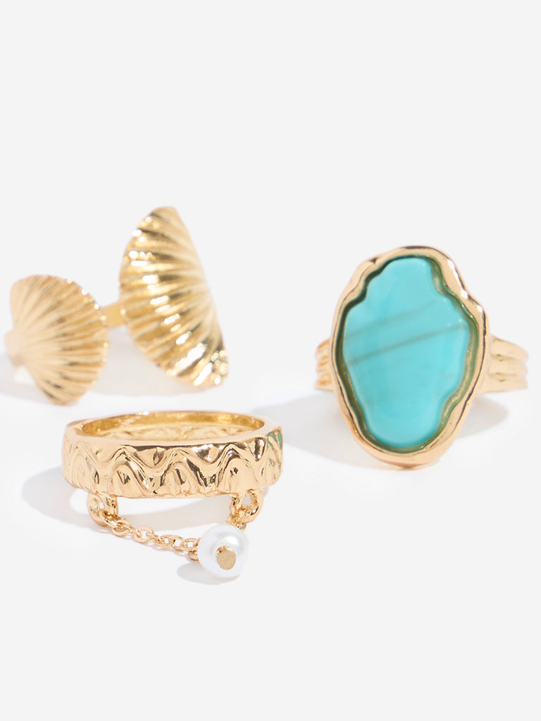 Westside Accessories Gold Shells and Agate Rings Set - Pack of 3