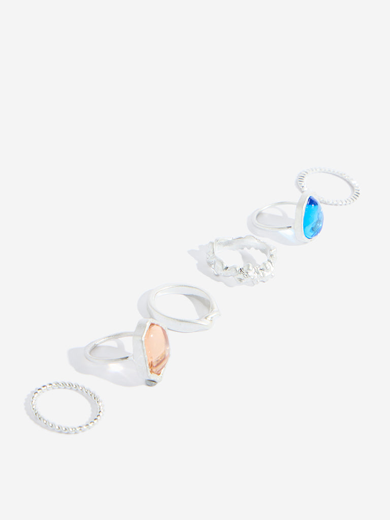 Westside Accessories Silver Multi-Stones Rings Set - Pack of 6