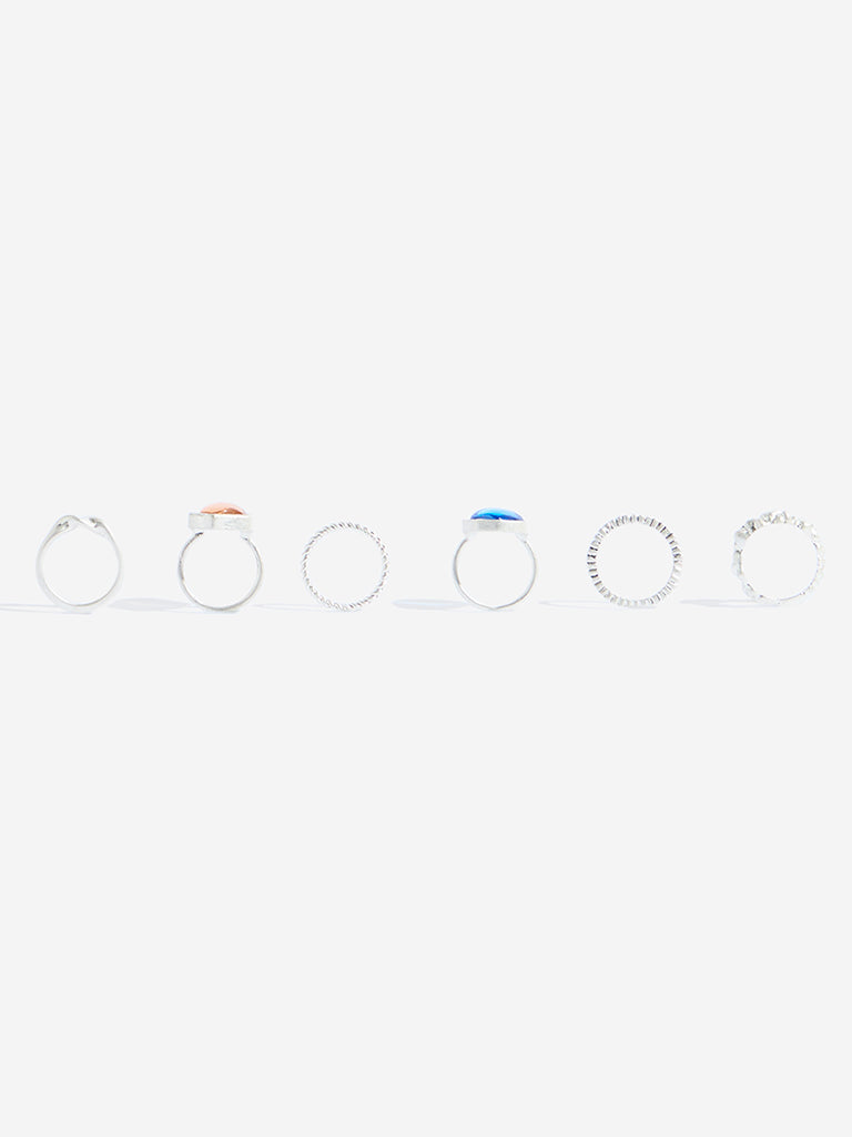 Westside Accessories Silver Multi-Stones Rings Set - Pack of 6