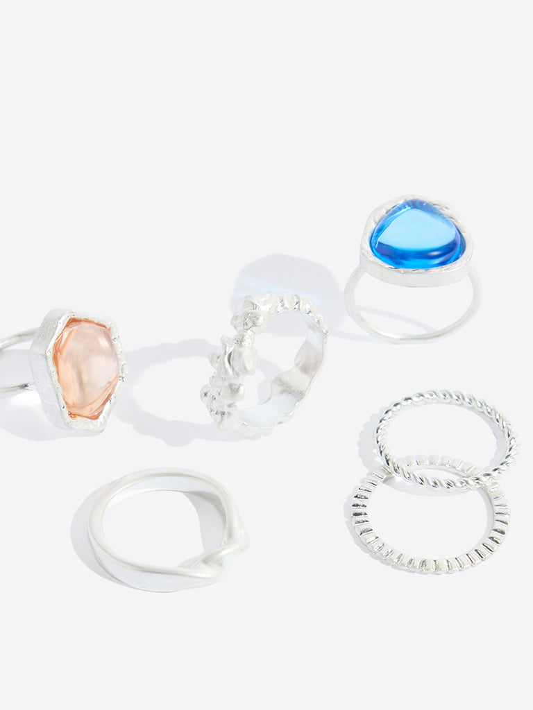 Westside Accessories Silver Multi-Stones Rings Set - Pack of 6