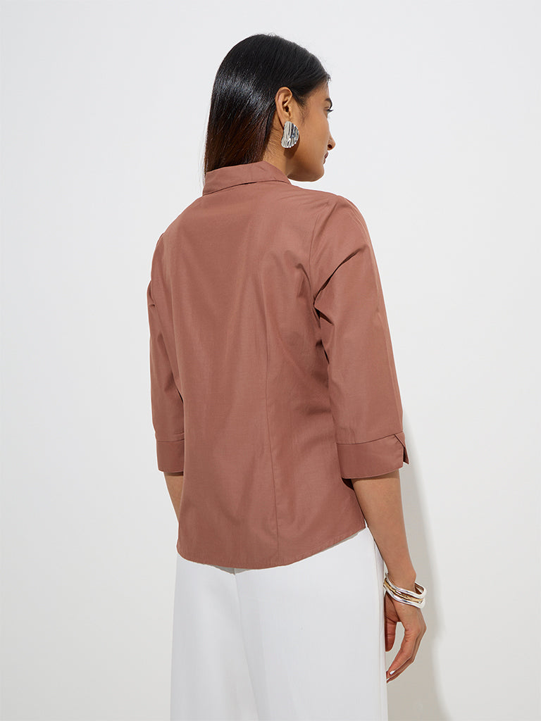 westisde Wardrobe Women's Brown Solid Shirt for Work Wear Back View