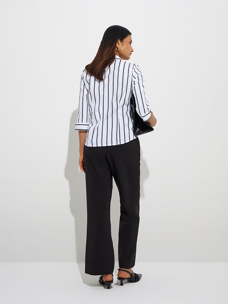 westisde Wardrobe Women's White Stripe Printed Shirt for Work Wear Back View