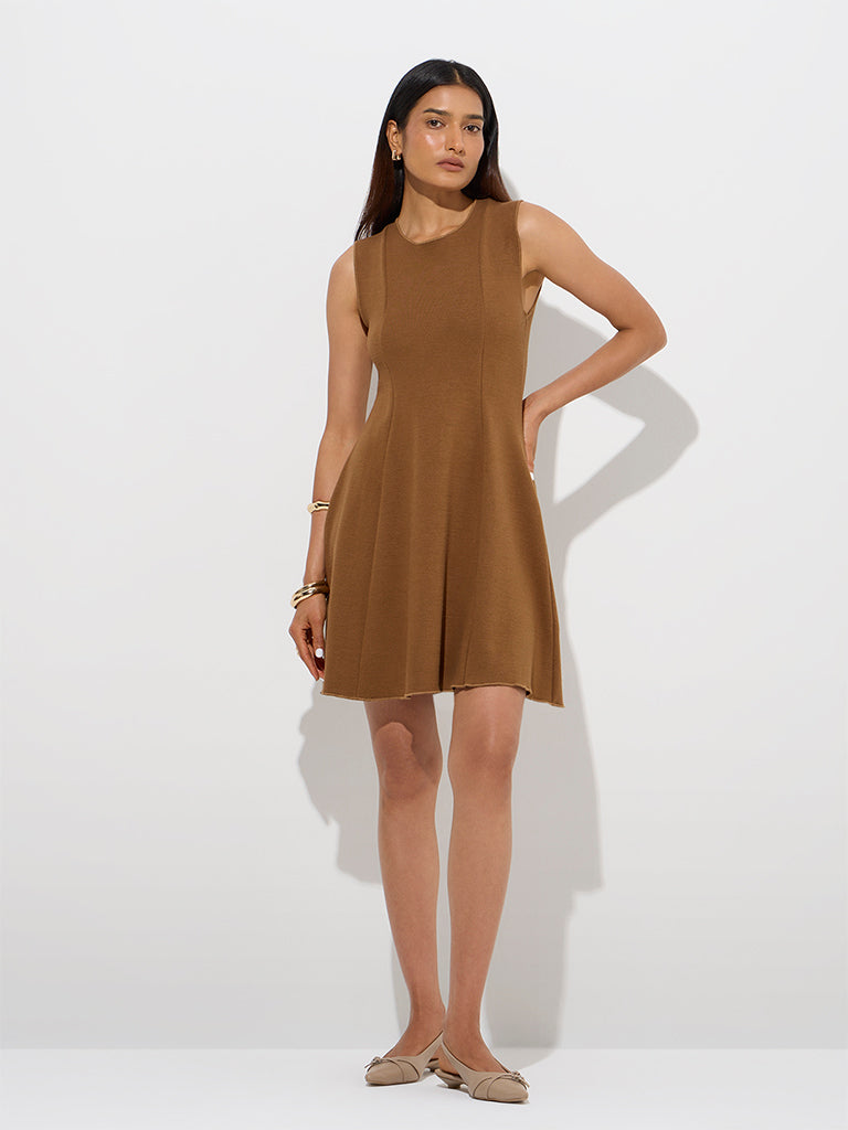 Wardrobe Tan Solid A-Line Dress