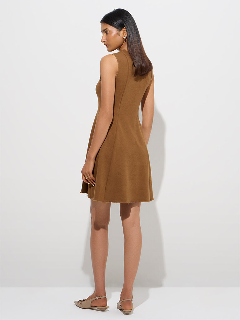 westisde Wardrobe Women's Tan Solid A-Line Dress for Work Wear Back View