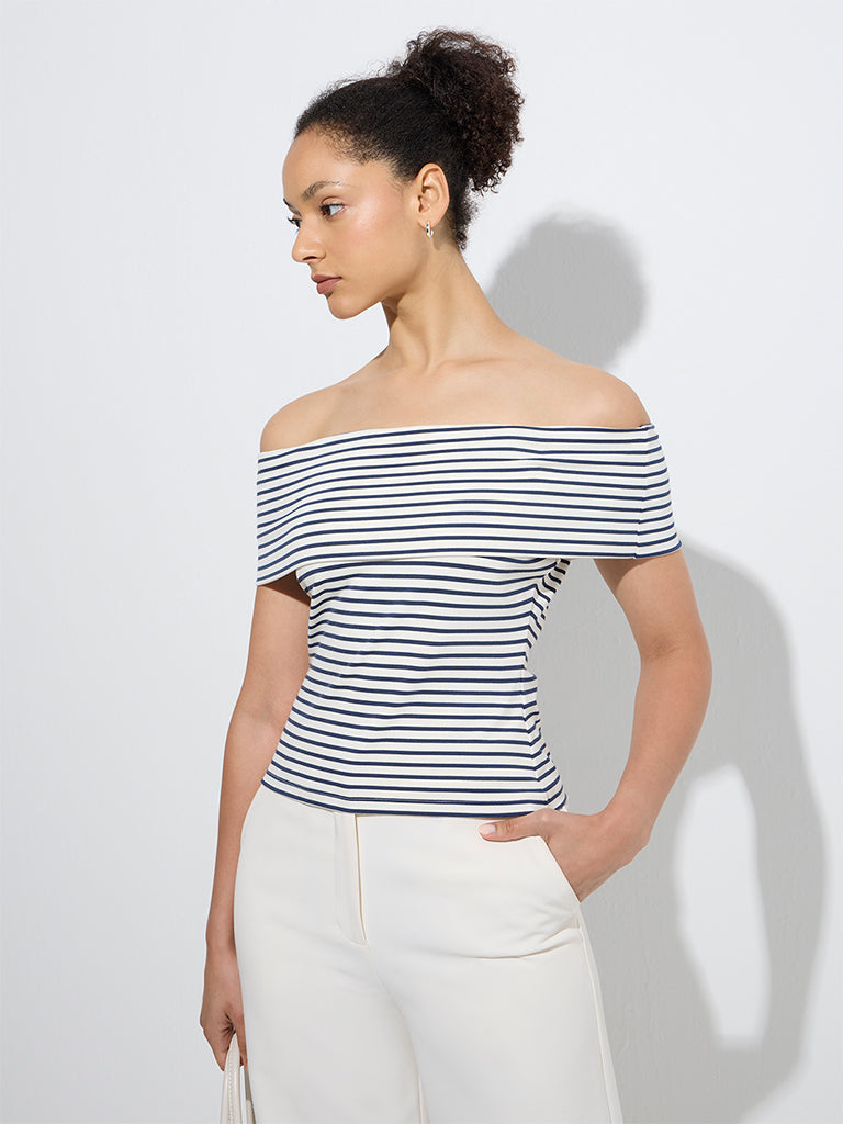 westisde Wardrobe Women's White Striped Off-Shoulder Top for Work Wear Front View
