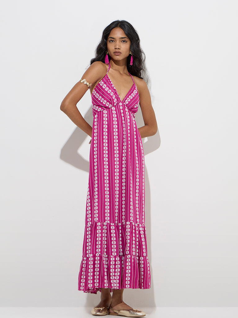 Buy LOV Fuchsia Floral Embroidered Cotton Tiered Dress from Westside