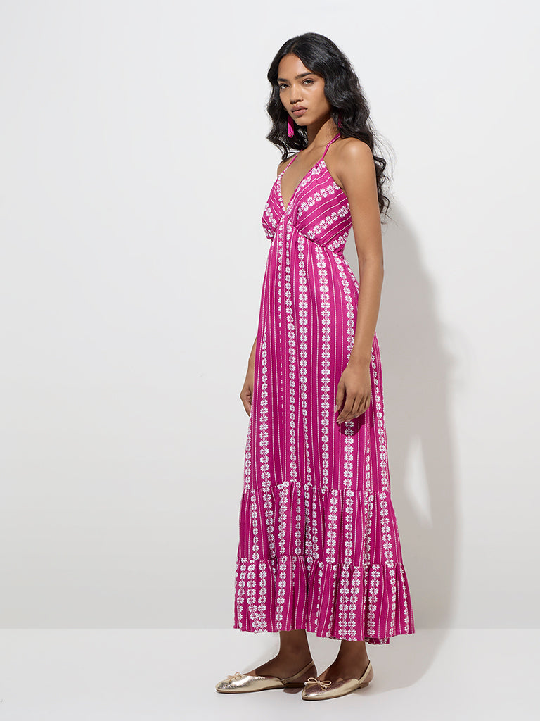 LOV Fuchsia Floral Embroidered Cotton Tiered Dress