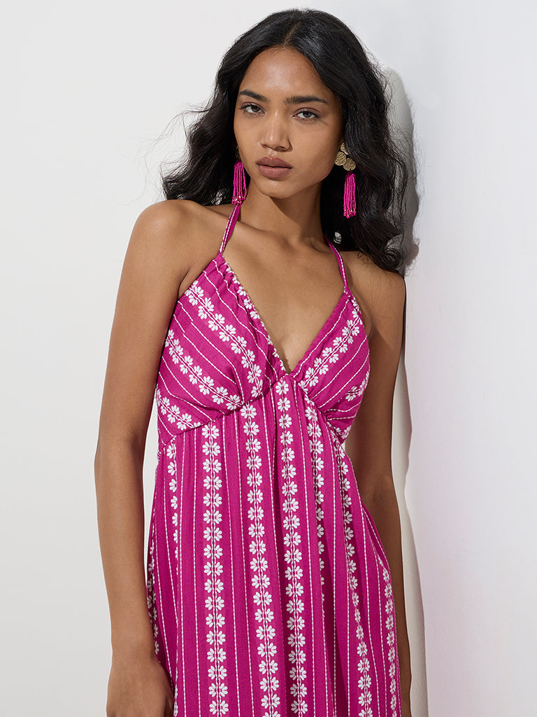 LOV Fuchsia Floral Embroidered Cotton Tiered Dress