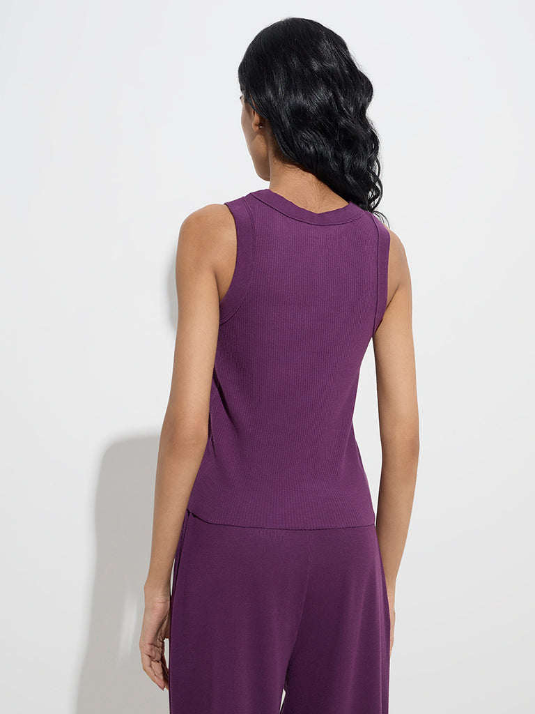 Westside Superstar Women's Purple Ribbed Cotton-Blend Tank Top for Casual Wear Back View