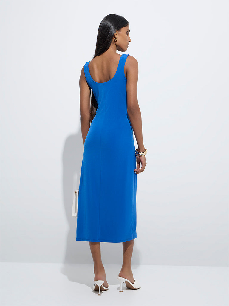 westisde Wardrobe Women's Indigo Ruched Bodycon Dress for Work Wear Back View