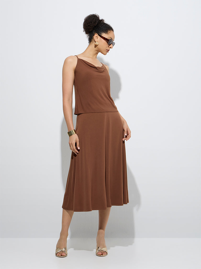 Westside Wardrobe Women's Brown Cowl-Neck Top for Work Wear Full Model View