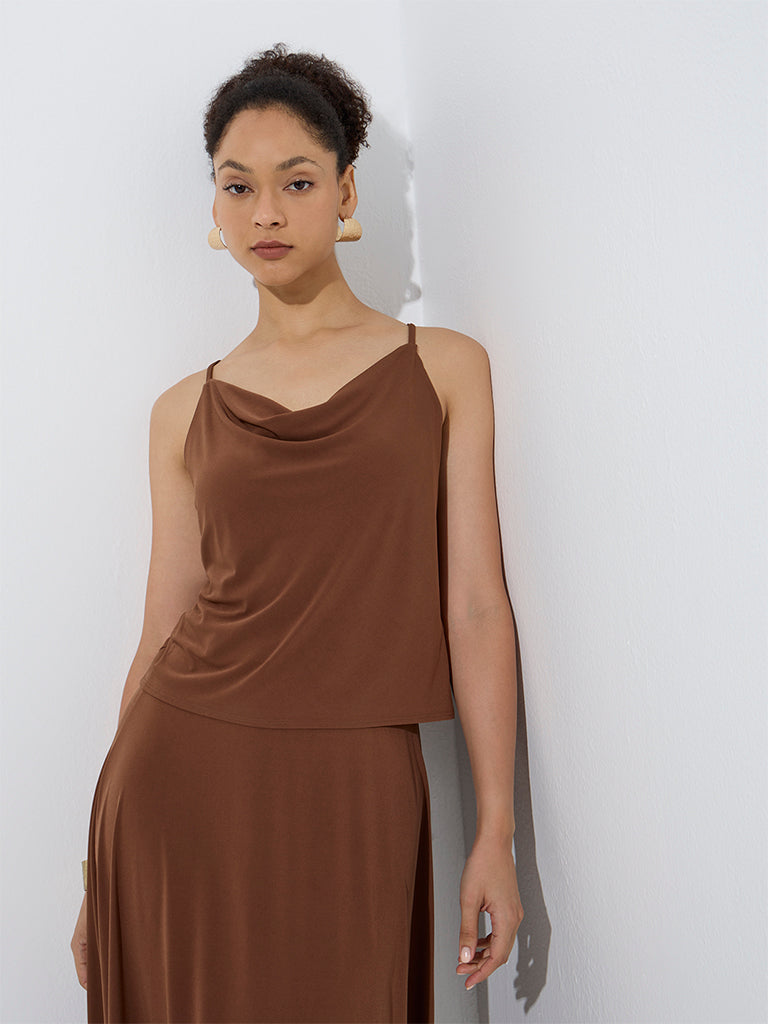 Westside Wardrobe Women's Brown Cowl-Neck Top for Work Wear Front View