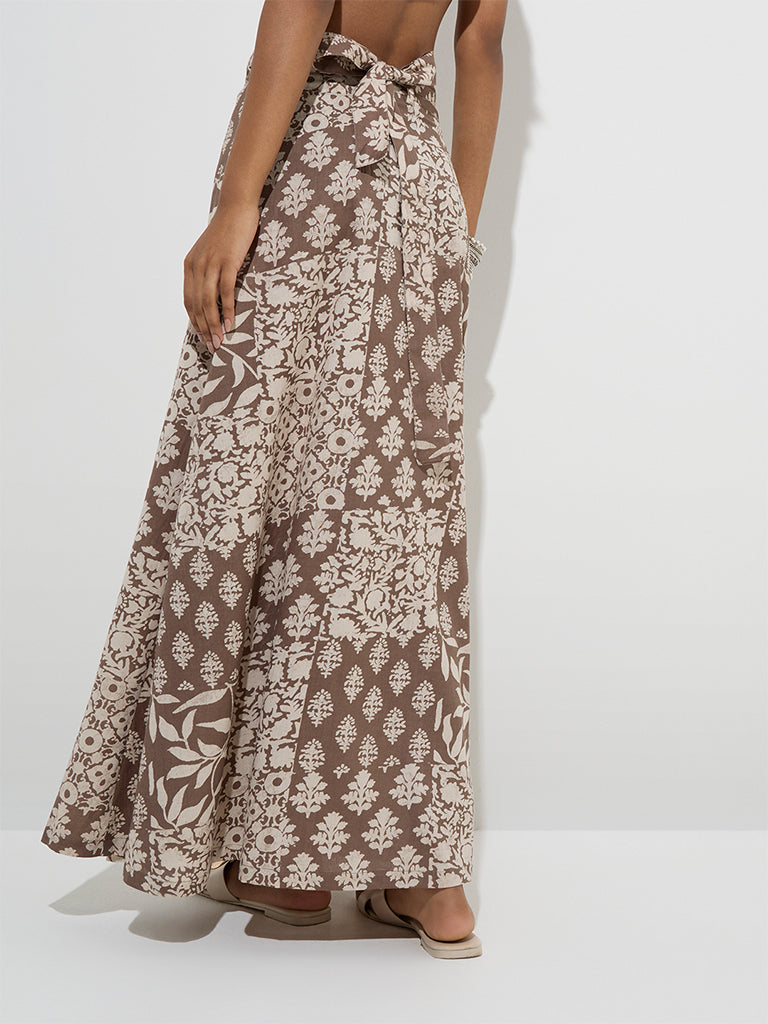 Westside Utsa Women's Taupe Floral Design Wrap-Style Cotton-Blend Skirt for Work Wear Back View
