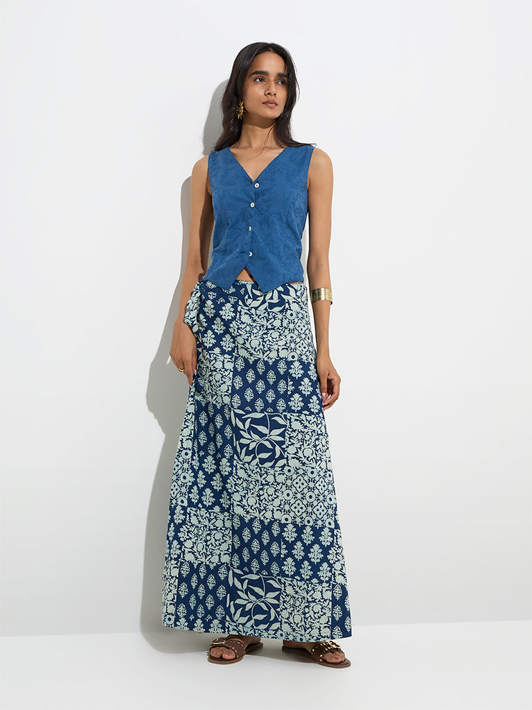 Westside Utsa Women's Navy Botanical Design Wrap-Style Cotton-Blend Skirt for Work Wear Full Model View