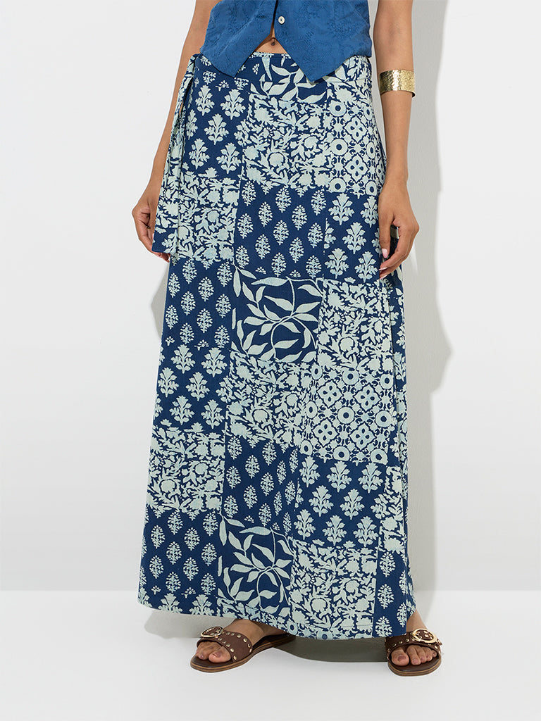 Westside Utsa Women's Navy Botanical Design Wrap-Style Cotton-Blend Skirt for Work Wear Front View