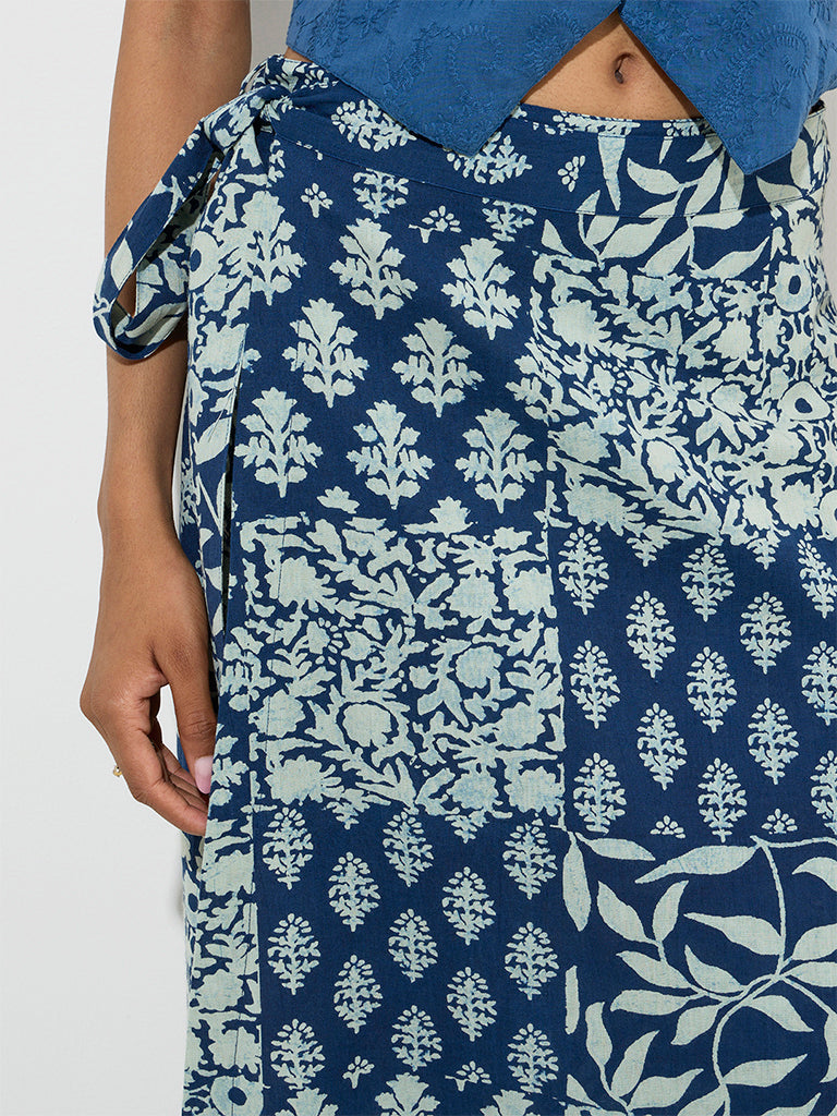 Westside Utsa Women's Navy Botanical Design Wrap-Style Cotton-Blend Skirt for Work Wear Zoom View