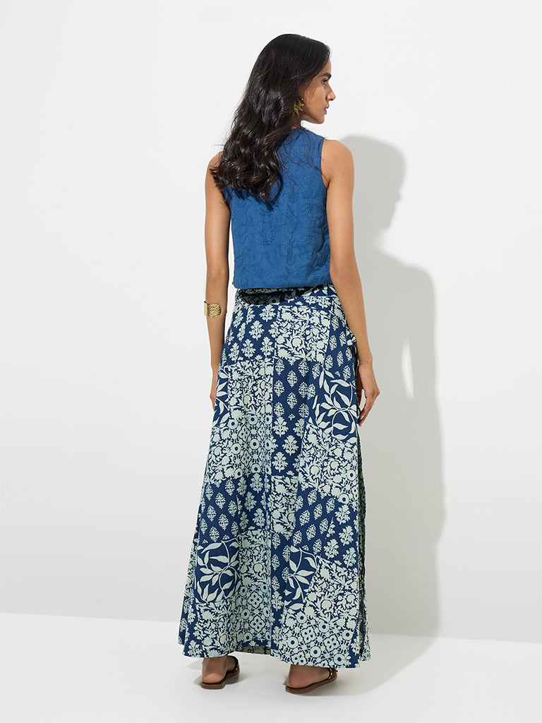 Westside Utsa Women's Navy Botanical Design Wrap-Style Cotton-Blend Skirt for Work Wear Back View