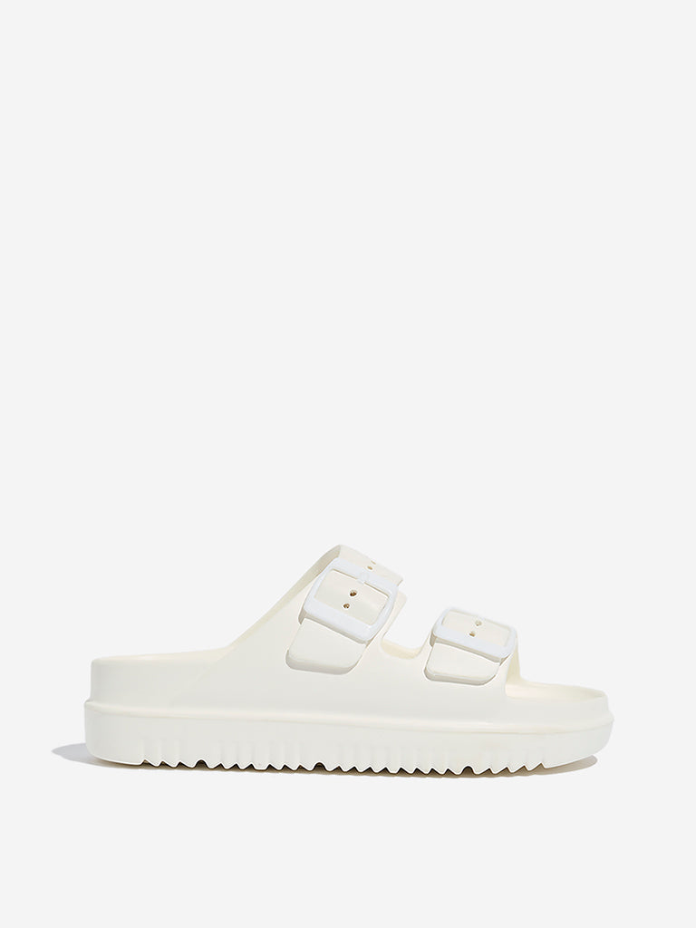 Westside LUNA BLU Women's White Dual-Strap Slip-On Sandals Side View