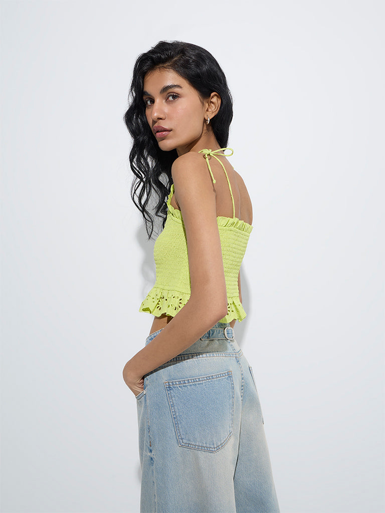 westisde Nuon Women's Lime Smocked Cotton Top for Casual Wear Back View