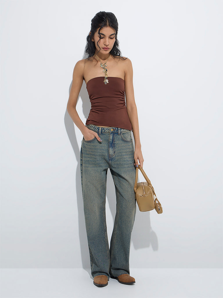 Nuon Dark Brown Ruched Tube Top