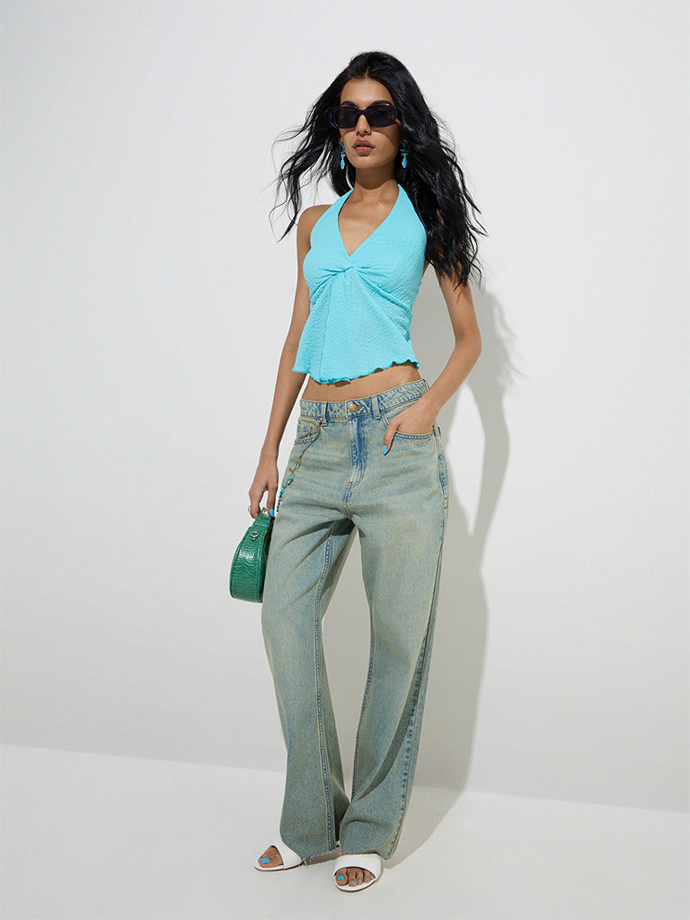 westisde Nuon Women's Aqua Self-Textured Top for Casual Wear Full Model View