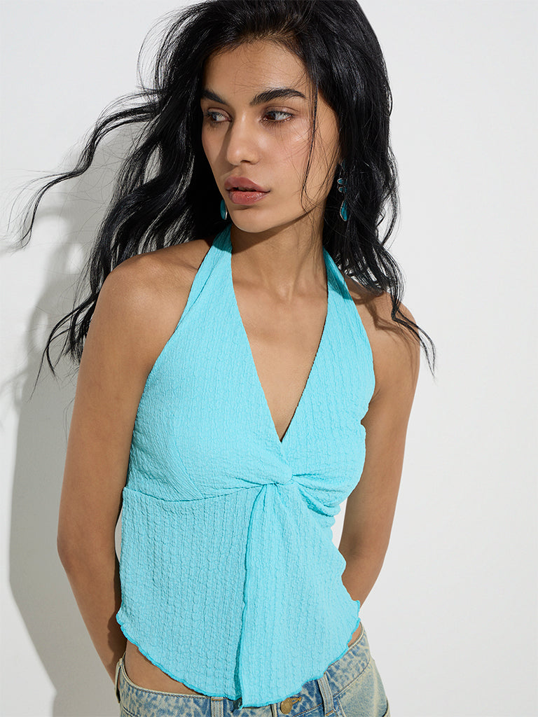 westisde Nuon Women's Aqua Self-Textured Top for Casual Wear Zoom View