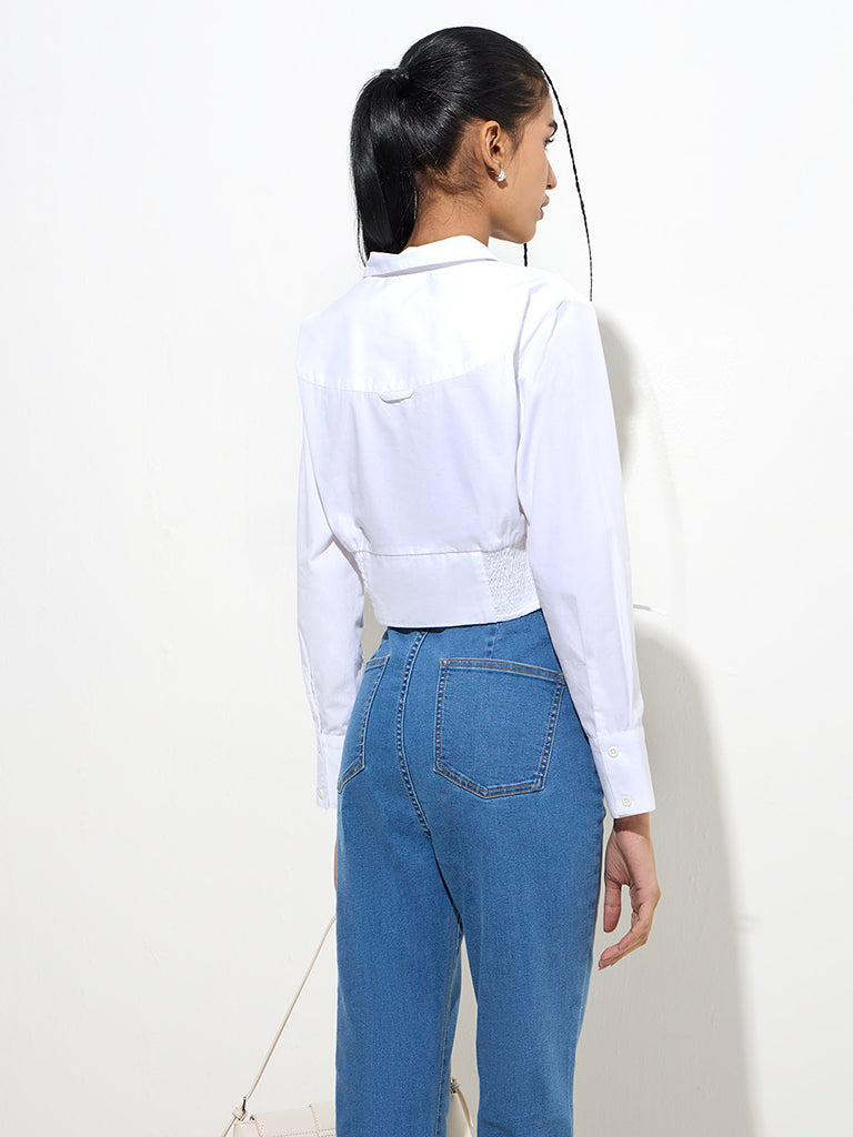 westisde Nuon Women's White Criss-Cross Detailed Cotton Shirt for Casual Wear Back View