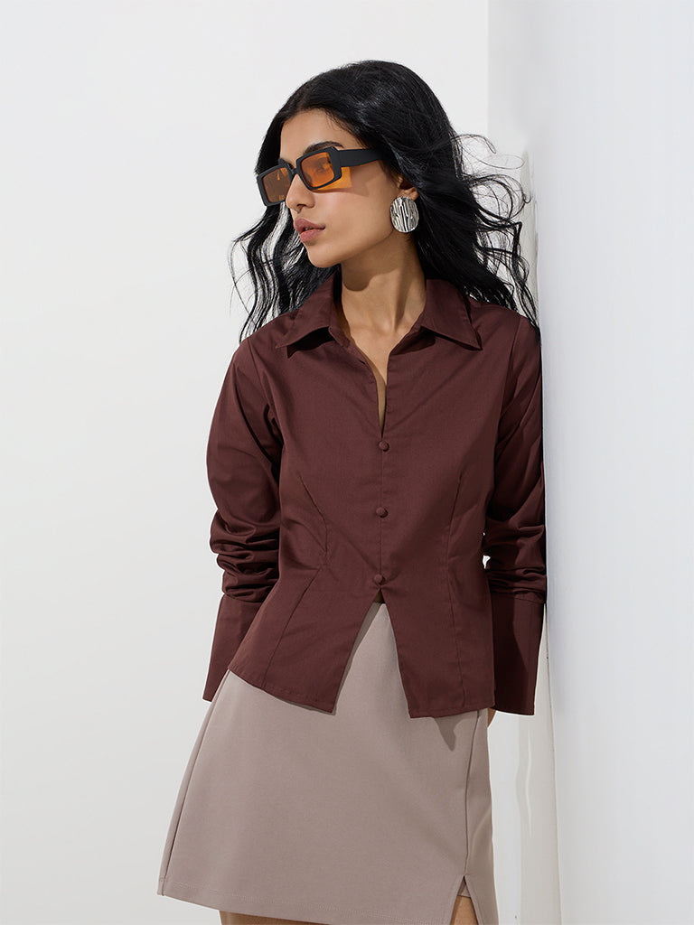 Nuon Brown Cotton-Blend Poplin Shirt