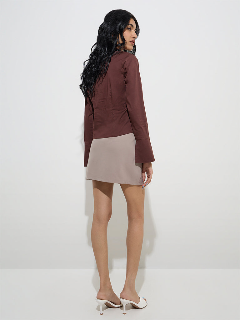 westisde Nuon Women's Brown Cotton-Blend Poplin Shirt for Casual Wear Back View