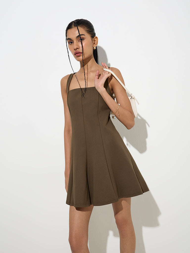 Nuon Olive Solid A-Line Dress