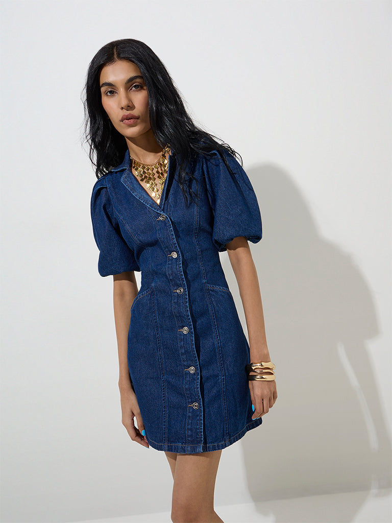 westisde Nuon Women's Dark Blue Denim Shirt Dress for Casual Wear Front View