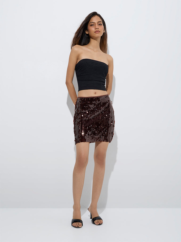 westisde Nuon Women's Dark Brown Sequin High-Rise Mini Skirt for Party Wear Full Model View