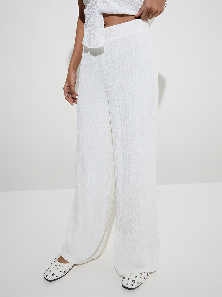 Nuon White Crinkle-Textured High-Rise Pants