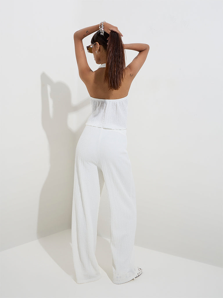 westisde Nuon Women's White Crinkle-Textured High-Rise Pants for Casual Wear Back View