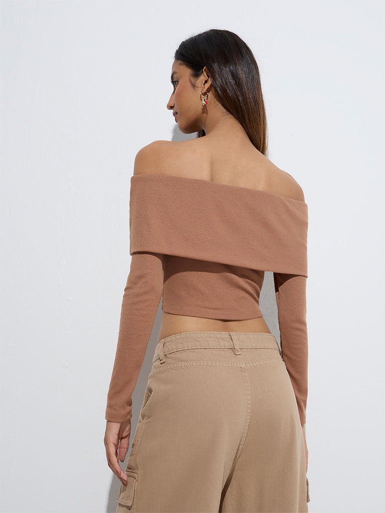 westisde Nuon Women's Light Brown Ribbed Off-Shoulder Top for Casual Wear Back View