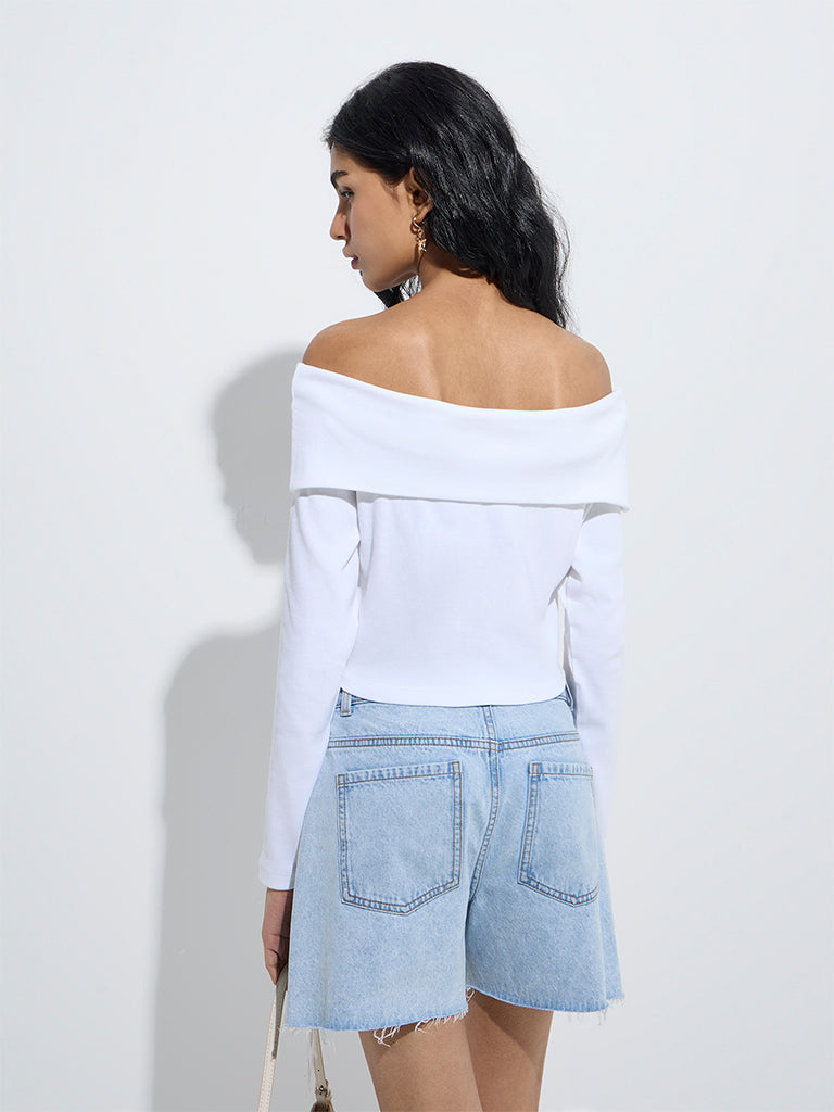 westisde Nuon Women's White Ribbed-Textured Cotton-Blend Off-Shoulder Top for Casual Wear Back View