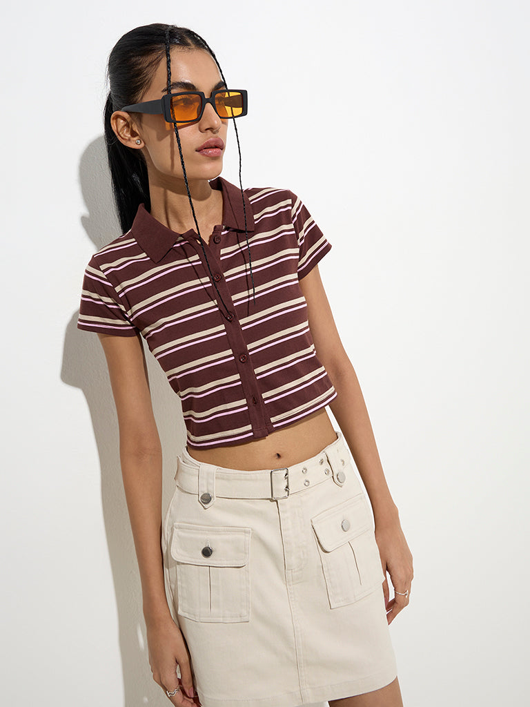 Nuon Dark Brown Striped Cotton Shirt
