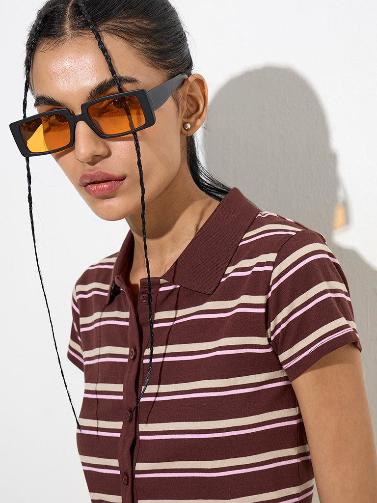 Nuon Dark Brown Striped Cotton Shirt