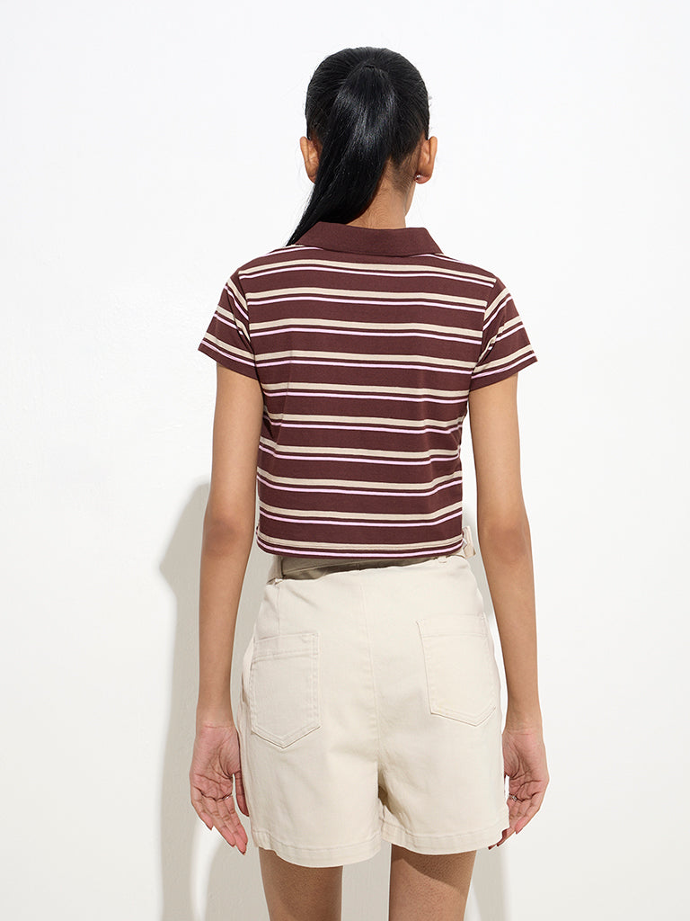westisde Nuon Women's Dark Brown Striped Cotton Shirt for Casual Wear Back View