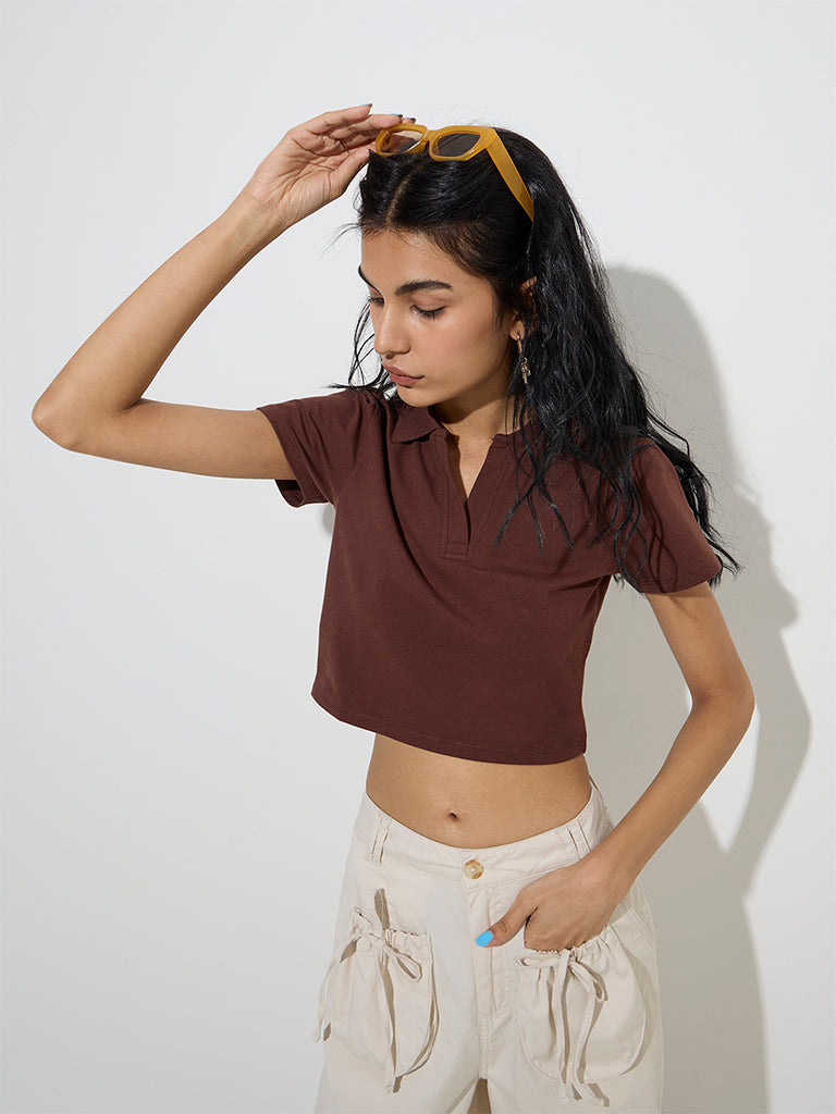 Nuon Brown Cotton-Blend T-Shirt