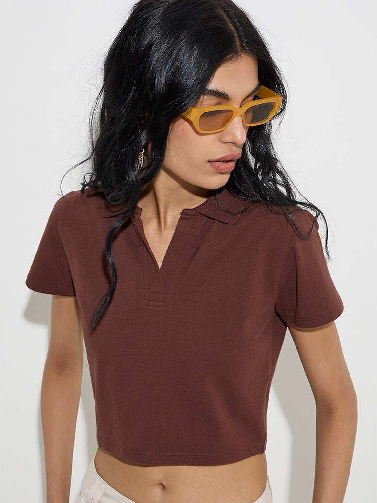 Nuon Brown Cotton-Blend T-Shirt