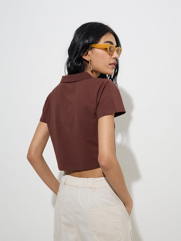 westisde Nuon Women's Brown Cotton-Blend T-Shirt for Casual Wear Back View